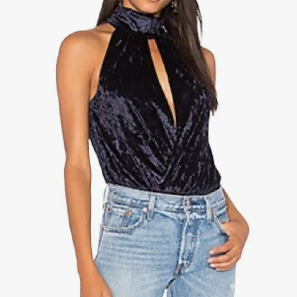 Central Park West x Revolve Velvet Bodysuit Keyhole Ocean Drive Midnight XS New